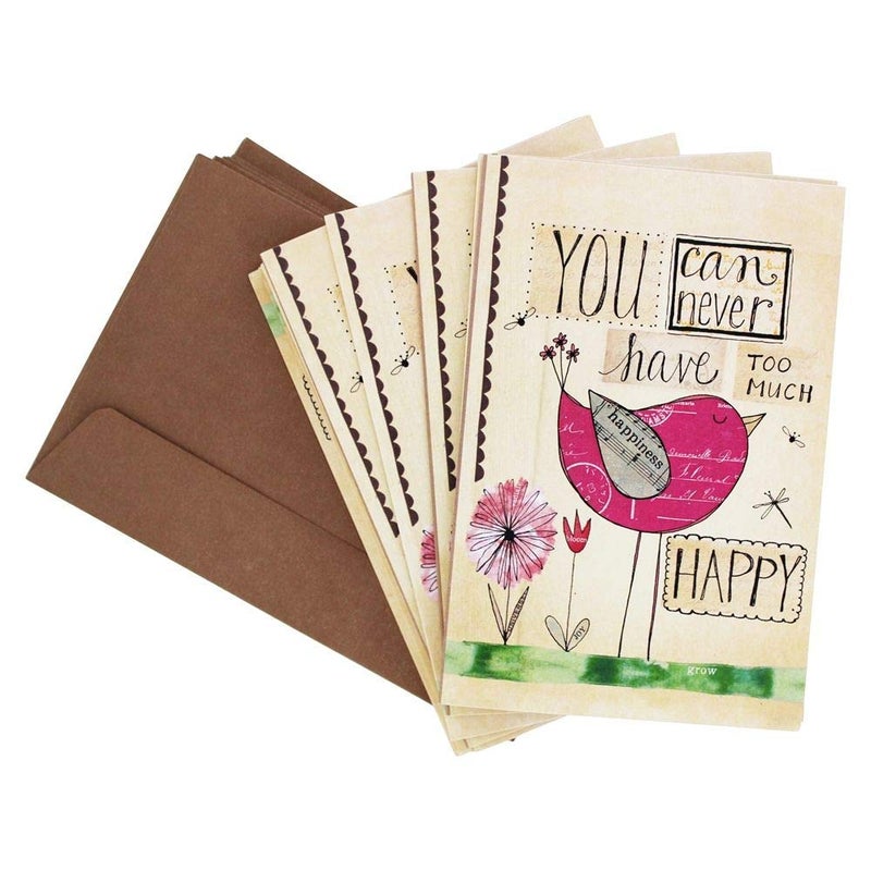 Tree-Free Greetings Never Too Happy All Occasion Cards - 12 Recycled 4x6 Notecards & White Envelopes, Thick Cardstock, Made in USA - Whimsical Bird Collage - Image 1
